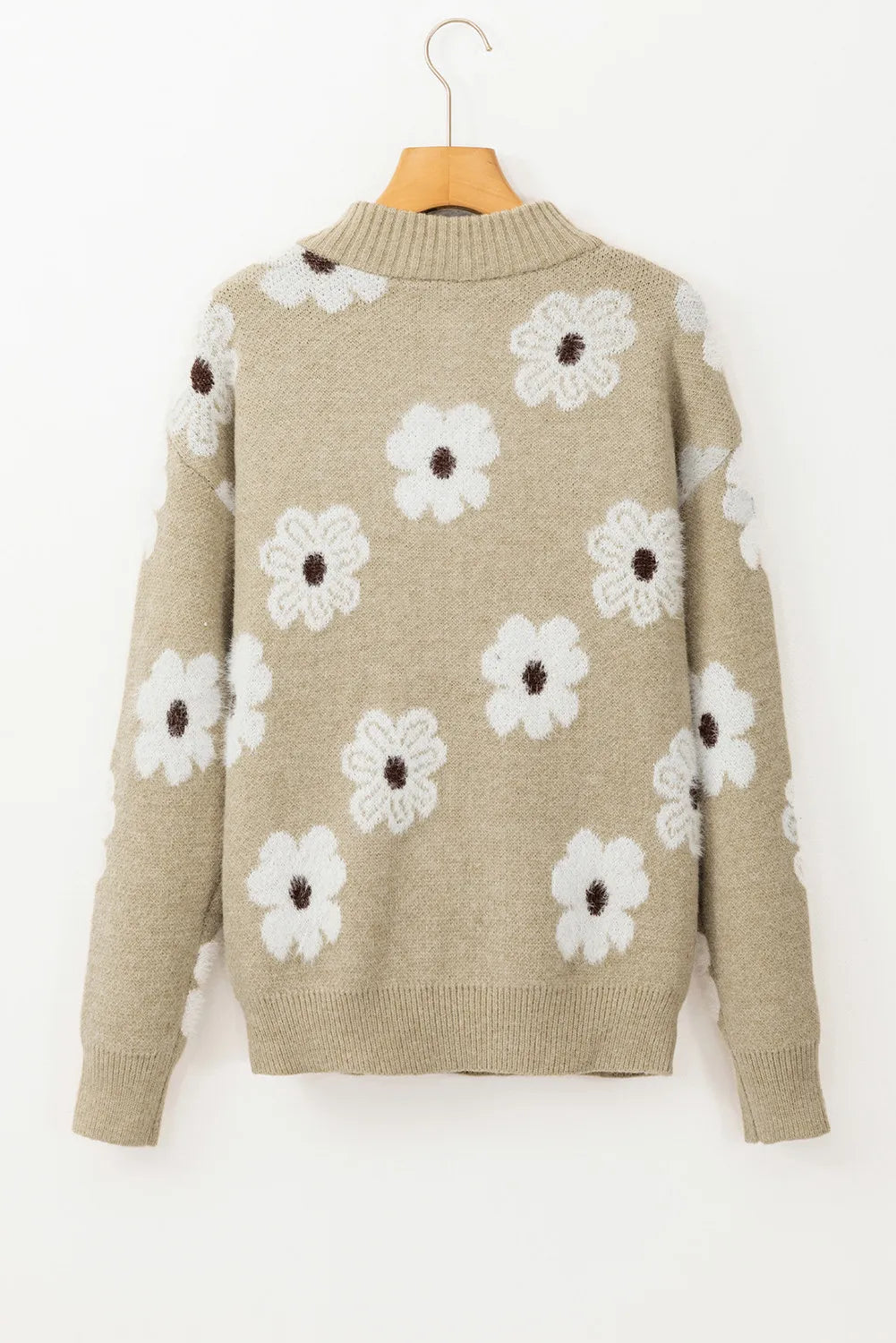 Fuzzy Half-Zip Pullover Daisy Retro Flower Top Eyelash Knit Henley Neck Sweater Shirt