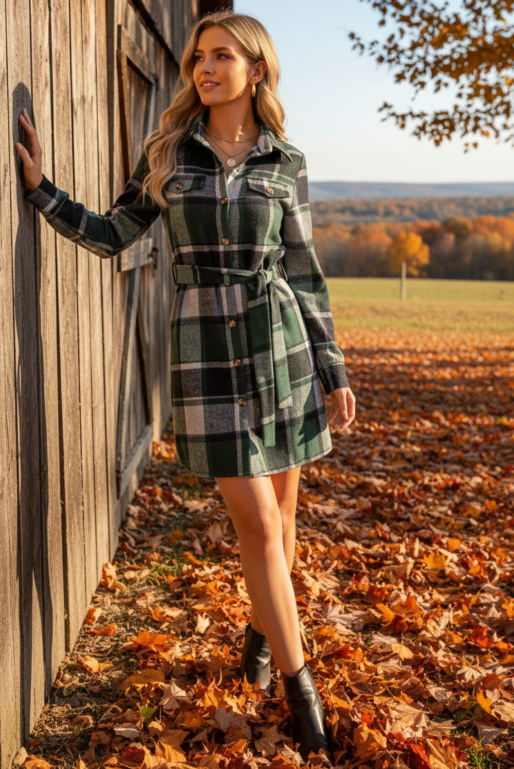 Plaid Tie Belted Button-Front Long Sleeve Mini Collared Shirt Dress Chest Pockets