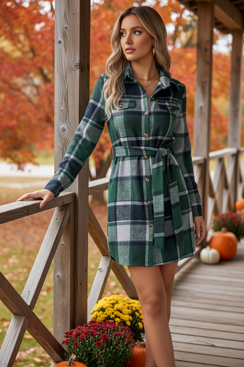 Plaid Tie Belted Button-Front Long Sleeve Mini Collared Shirt Dress Chest Pockets