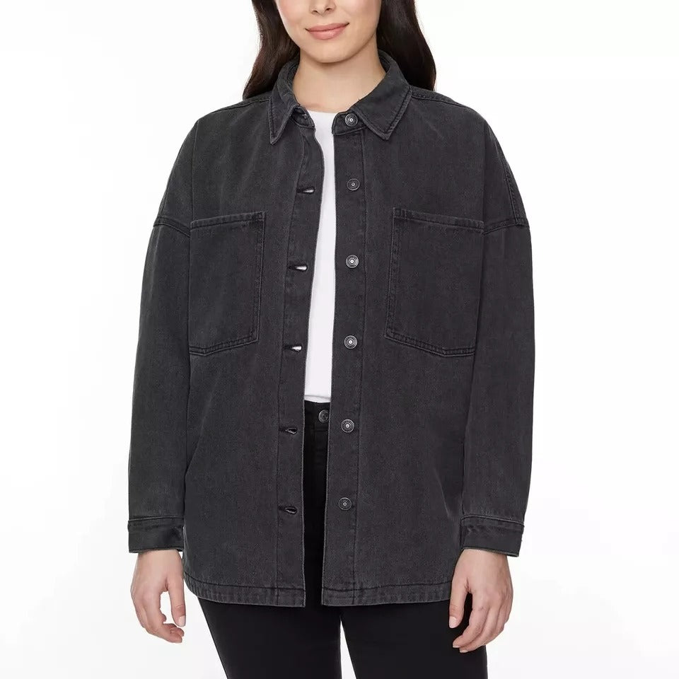 Hudson Jeans Womens Denim Shacket Oversized Boyfriend Fit Cotton Shirt Jacket Black