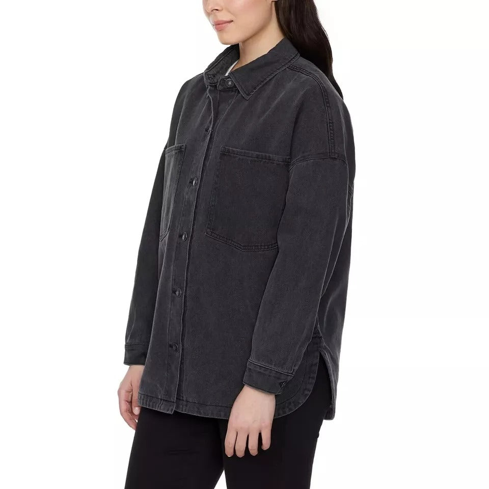 Hudson Jeans Womens Denim Shacket Oversized Boyfriend Fit Cotton Shirt Jacket Black