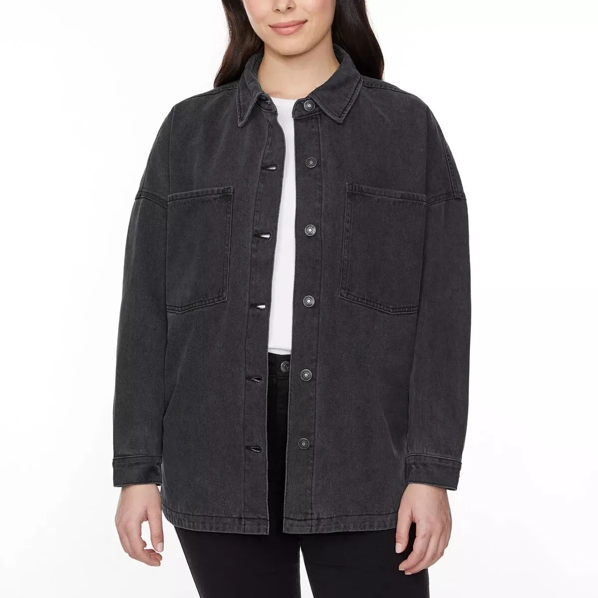 Hudson Jeans Womens Denim Shacket Oversized Boyfriend Fit Cotton Shirt Jacket Black