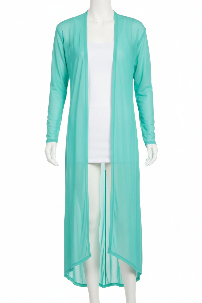 Zenana Sheer Mesh Open Front Long Sleeve Lightweight Jacket Longline Cardigan Turquoise
