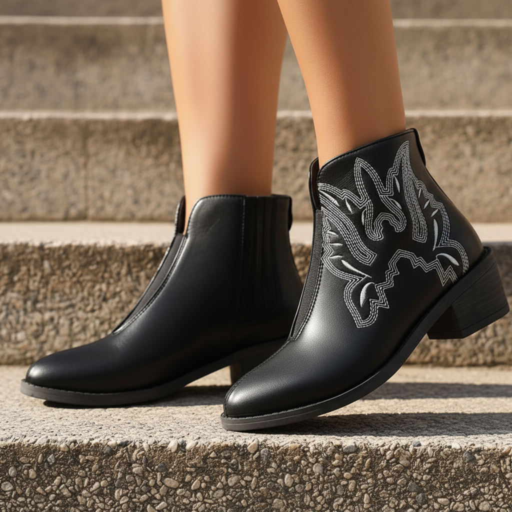 Western Embroidered Elastic Front Pointed Toe Faux Leather Ankle Boots