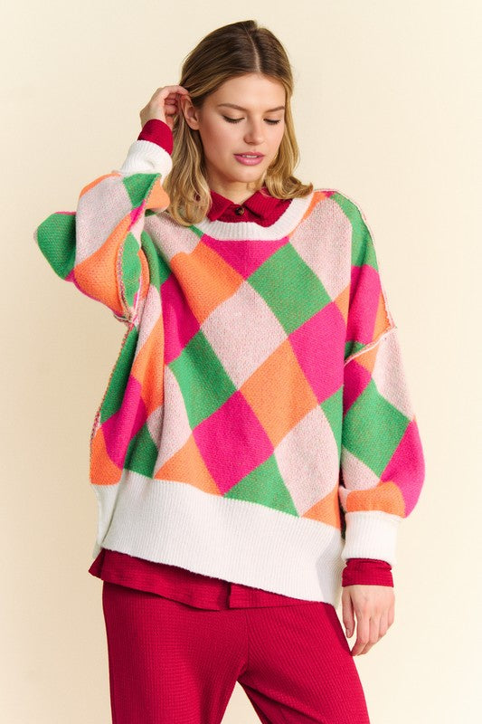 DAVI & DANI Retro Neon Diamond Stripe Long Sleeve Oversized Pullover Sweater Top