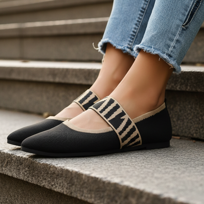 Contrasting Knit Pointed Toe Mary Jane Wide Strap Ballet Flats Slip-On Geometric Shoes