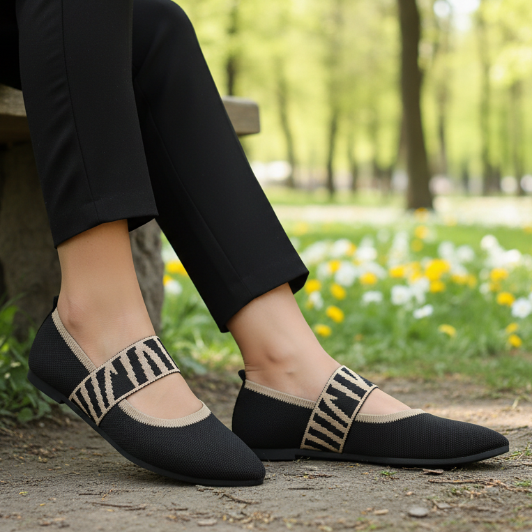 Contrasting Knit Pointed Toe Mary Jane Wide Strap Ballet Flats Slip-On Geometric Shoes