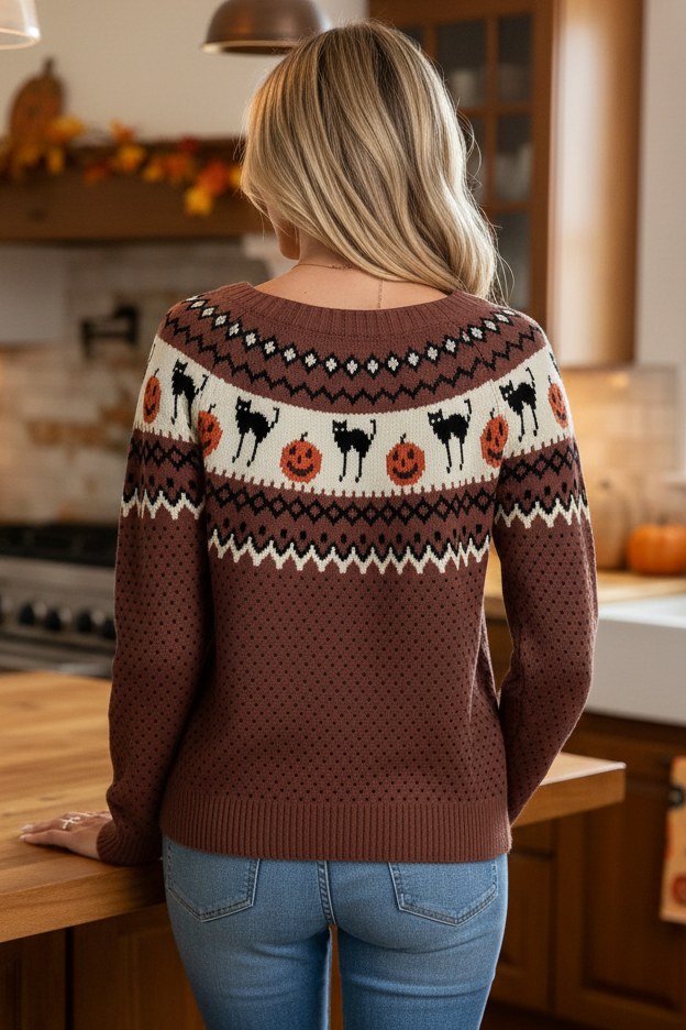 Black Cat Jack-O'-Lantern Pumpkin Fair Isle Halloween Top Crew Neck Knit Sweater