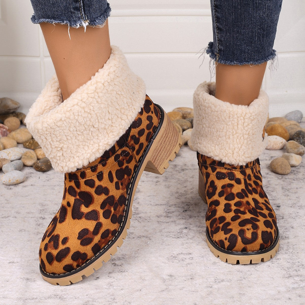 Fuzzy Sherpa Cuff Animal Leopard Ankle Boots Chunky Block Heel Slip-on Shoes
