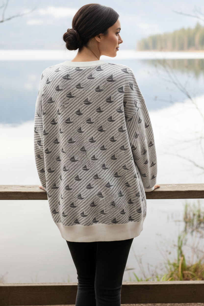 Sailboat Nautical Oversized Fit Crew Neck Long Sleeve Coastal Pullover Sweater