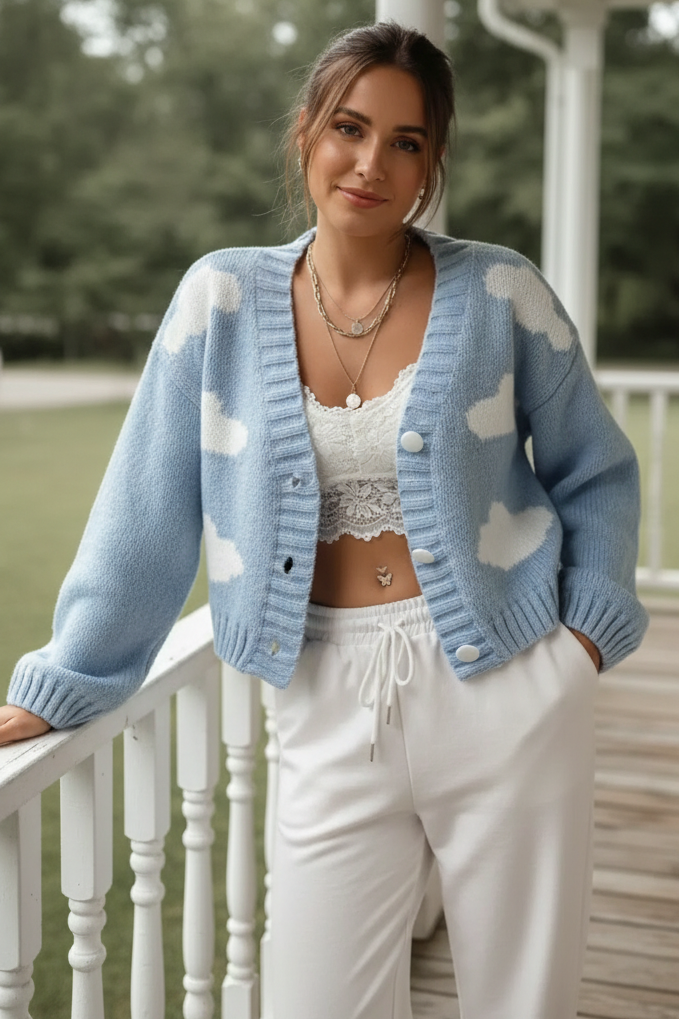 Cropped Cloud Contrasting Knit Button Up V-Neck Sweater Long Sleeve Cardigan