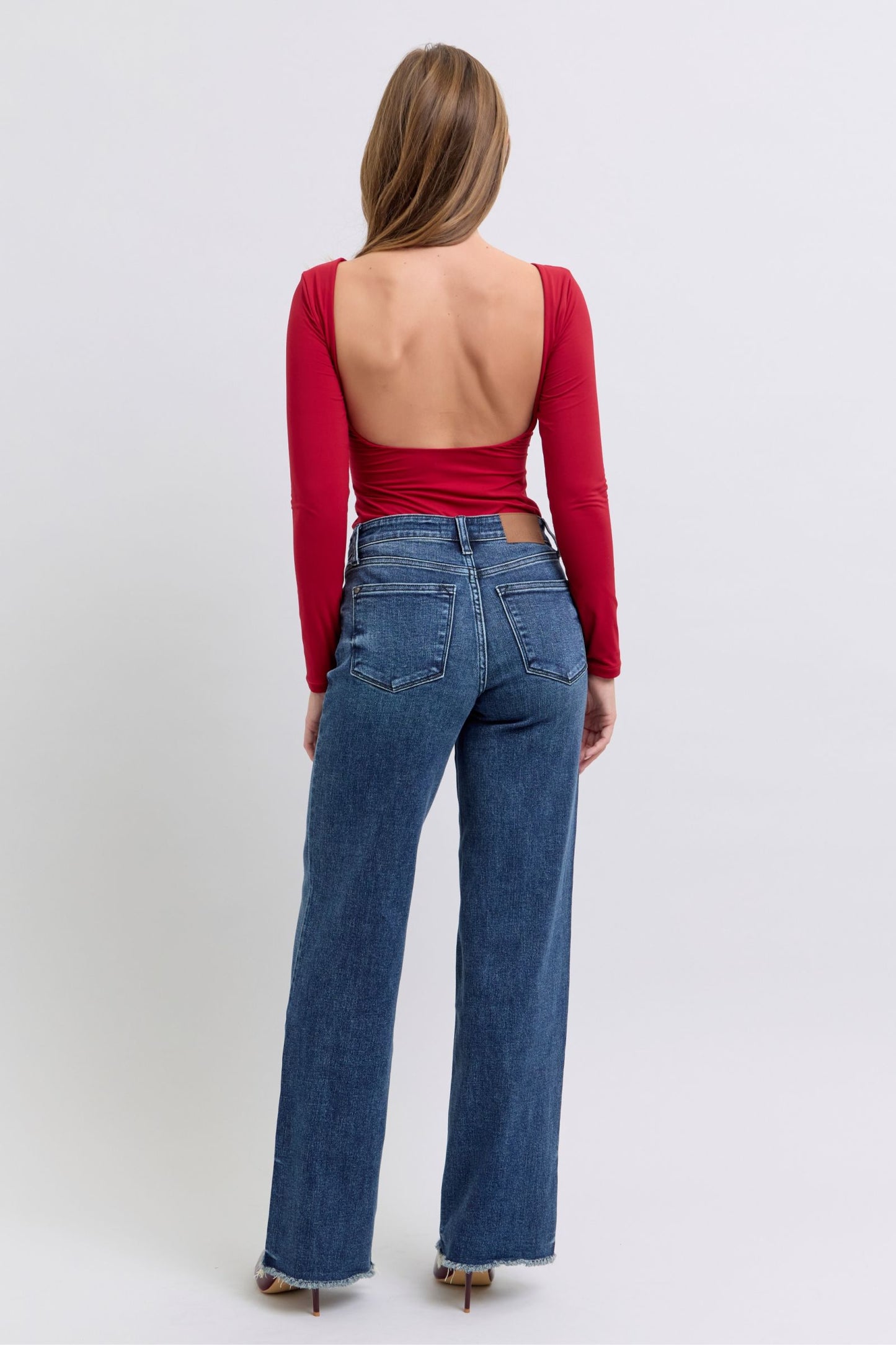 Judy Blue Mid-Rise Straight Leg Boyfriend Relaxed Jeans Raw Hem Denim Pants