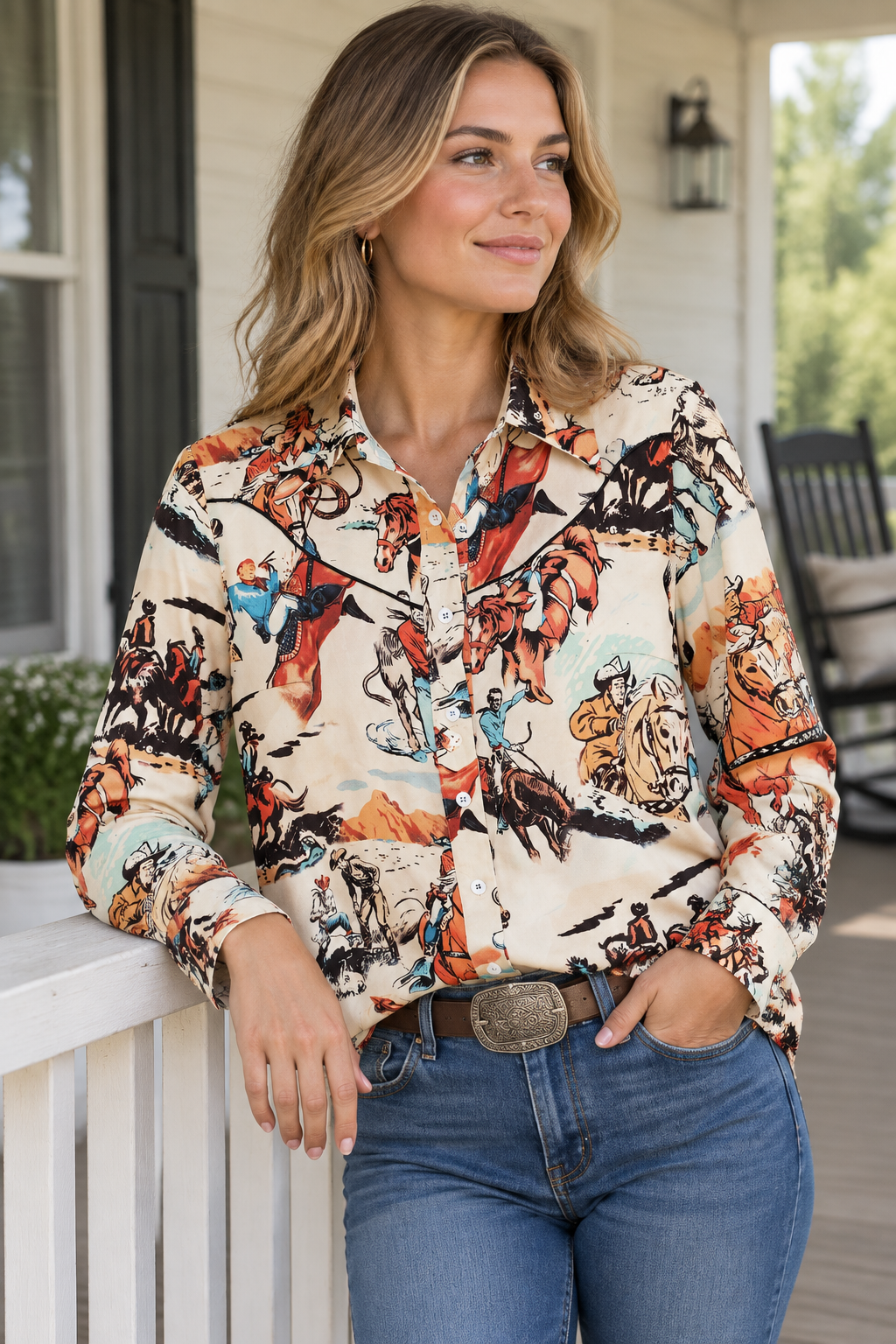 Rodeo Cowgirl Western Yoke Button-Up Shirt Long Sleeve Dress Shirt Southern Top