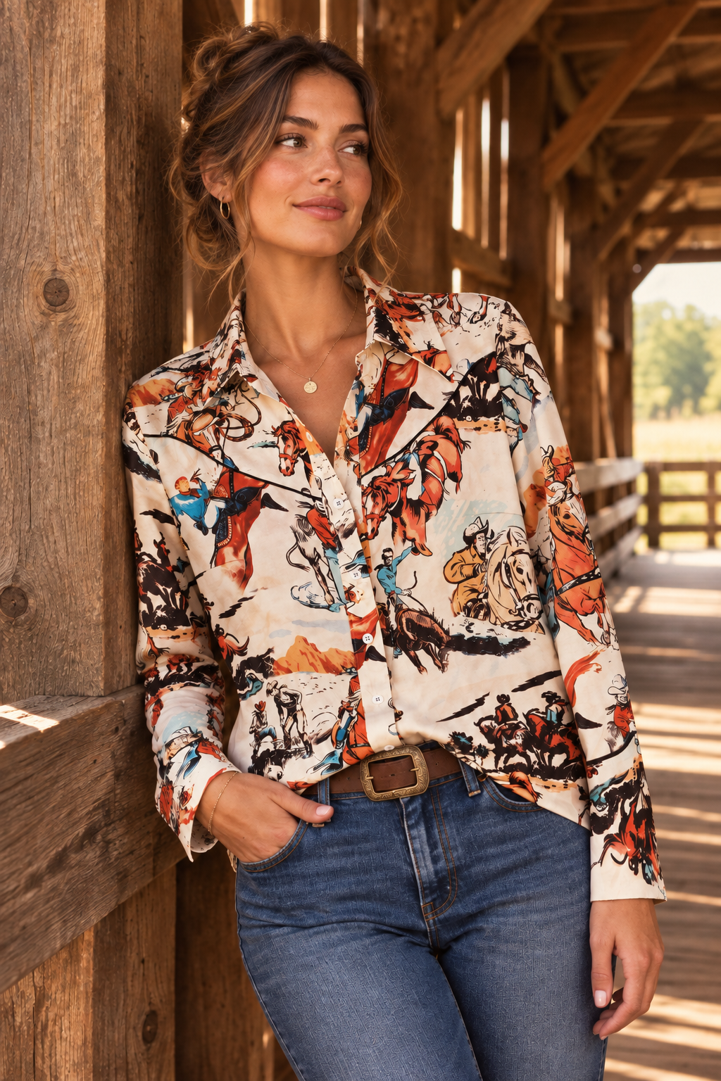 Rodeo Cowgirl Western Yoke Button-Up Shirt Long Sleeve Dress Shirt Southern Top