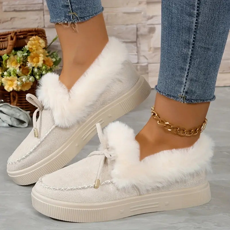 Bow Top Plush Faux Fur Loafers Slip-On Moccasin Soft Flat Outdoor House Shoes