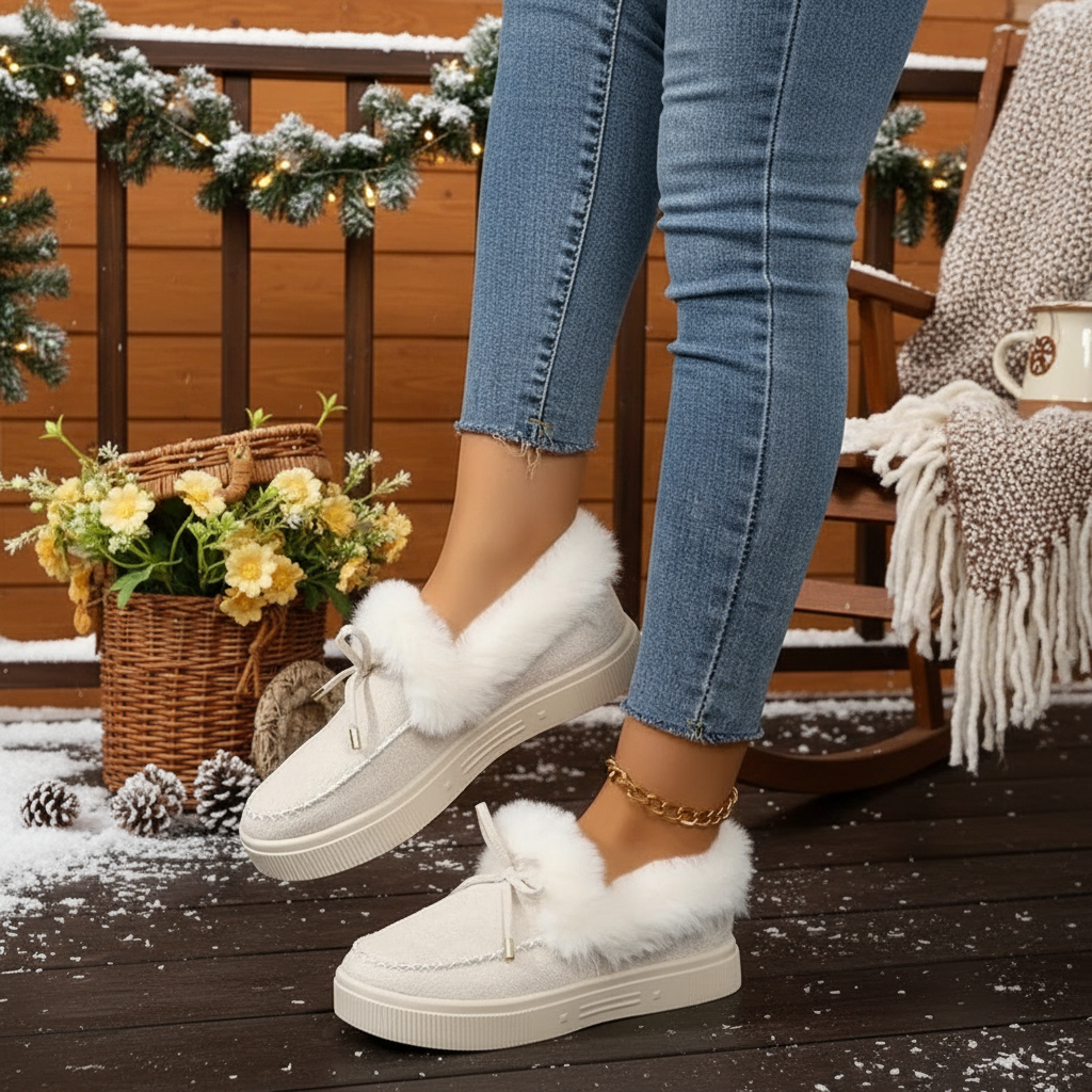 Bow Top Plush Faux Fur Loafers Slip-On Moccasin Soft Flat Outdoor House Shoes