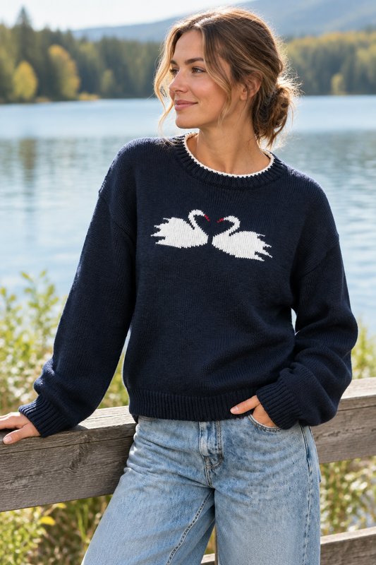 Swan Heart Bird Graphic Crew Neck Knit Sweater Contrast Trim Long Sleeve Pullover