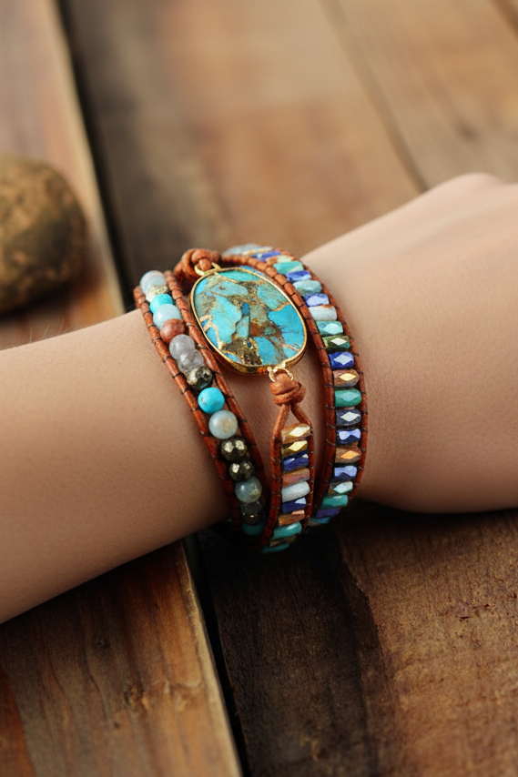 Natural Stone Agate Pyrite Multi-Strand Beaded Wrap Bracelet Grounded Energy
