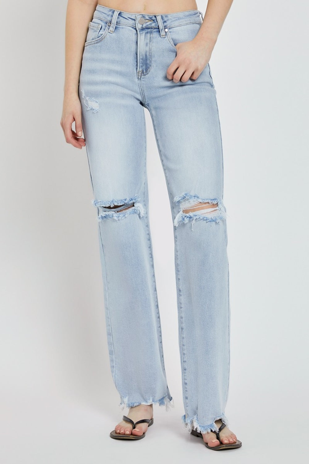 RISEN Distressed High-Rise Jeans Retro Straight Wide Leg Classic Denim Pants