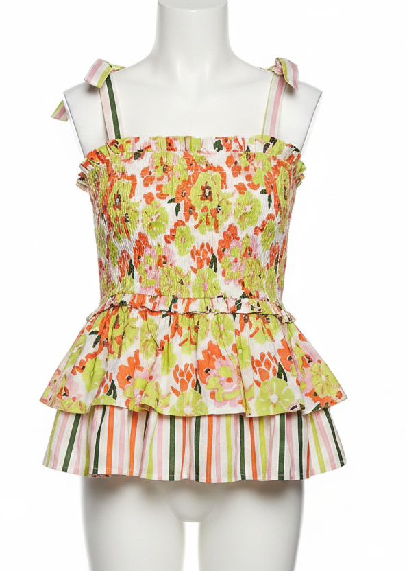 POL Contrast Floral Stripe Cotton Smocked Peplum Tiered Ruffle Shoulder Tie Top