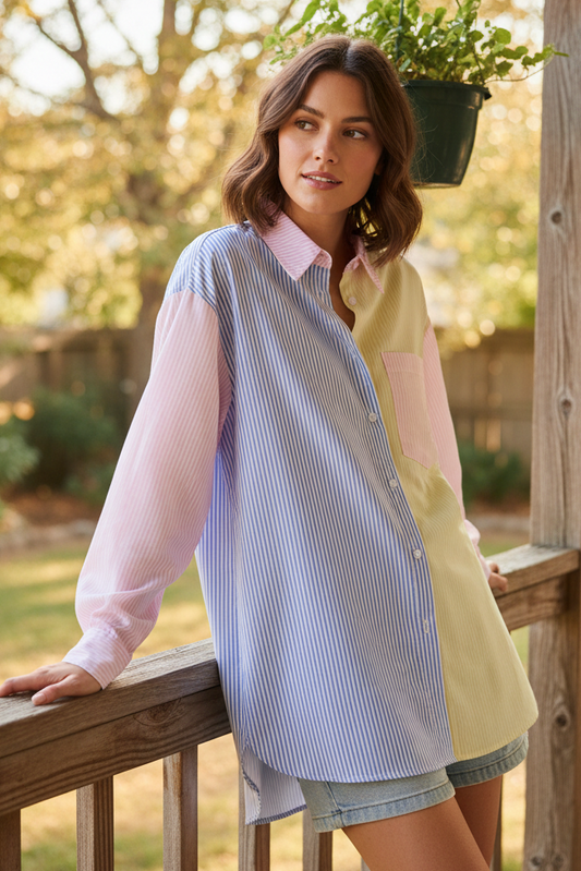 Oversized Boyfriend Button-Up Stripe Color Block Long Chest Pocket Sleeve Dress Shirt