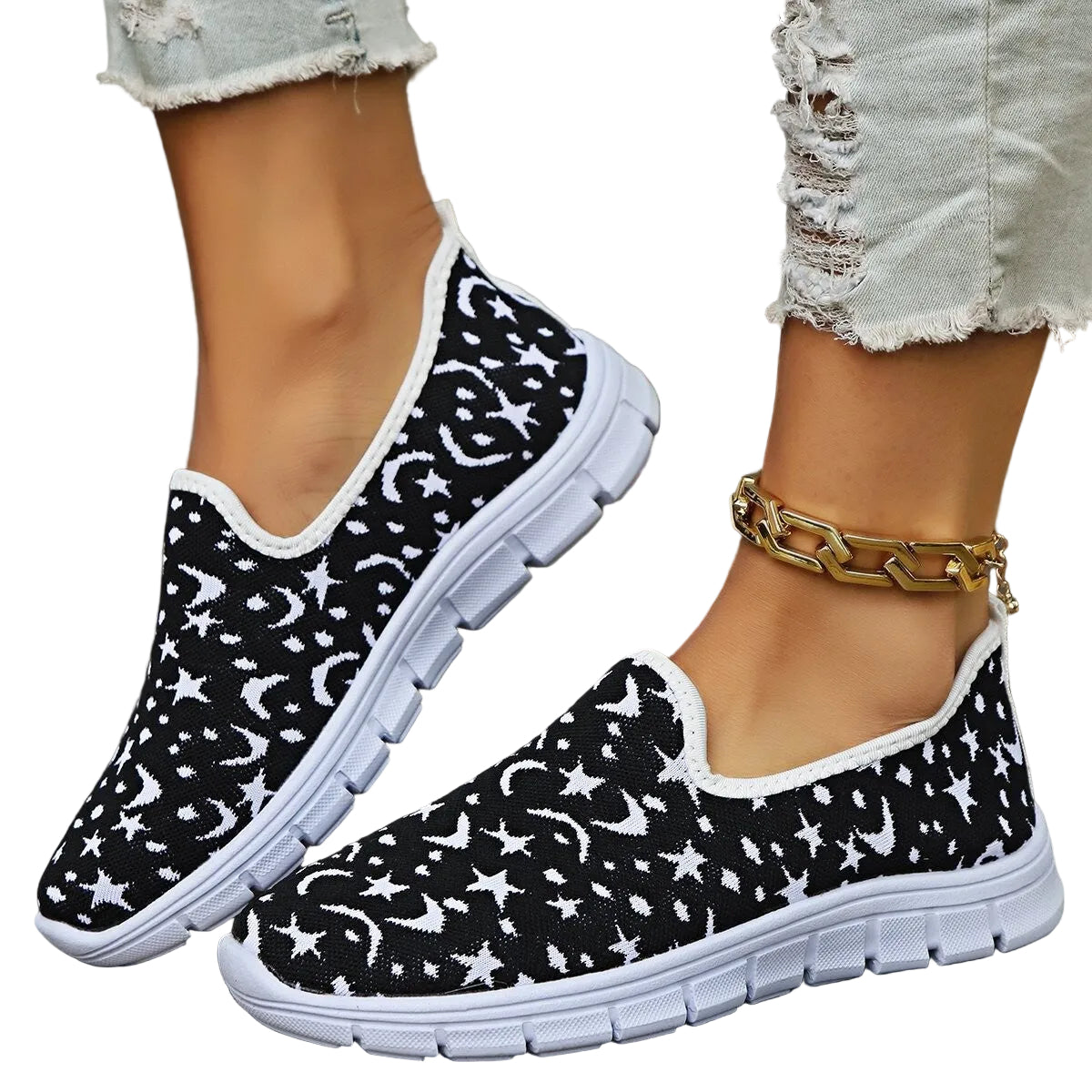 Celestial Star Moon Stretch Knit Slip-On Sneakers Color Contrasting Casual Shoes