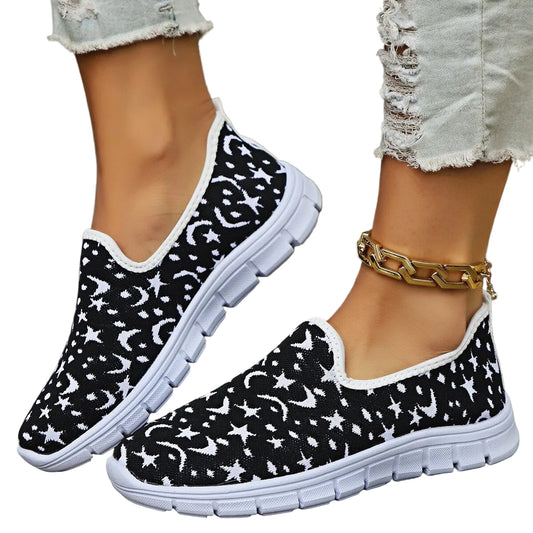 Celestial Star Moon Stretch Knit Slip-On Sneakers Color Contrasting Casual Shoes