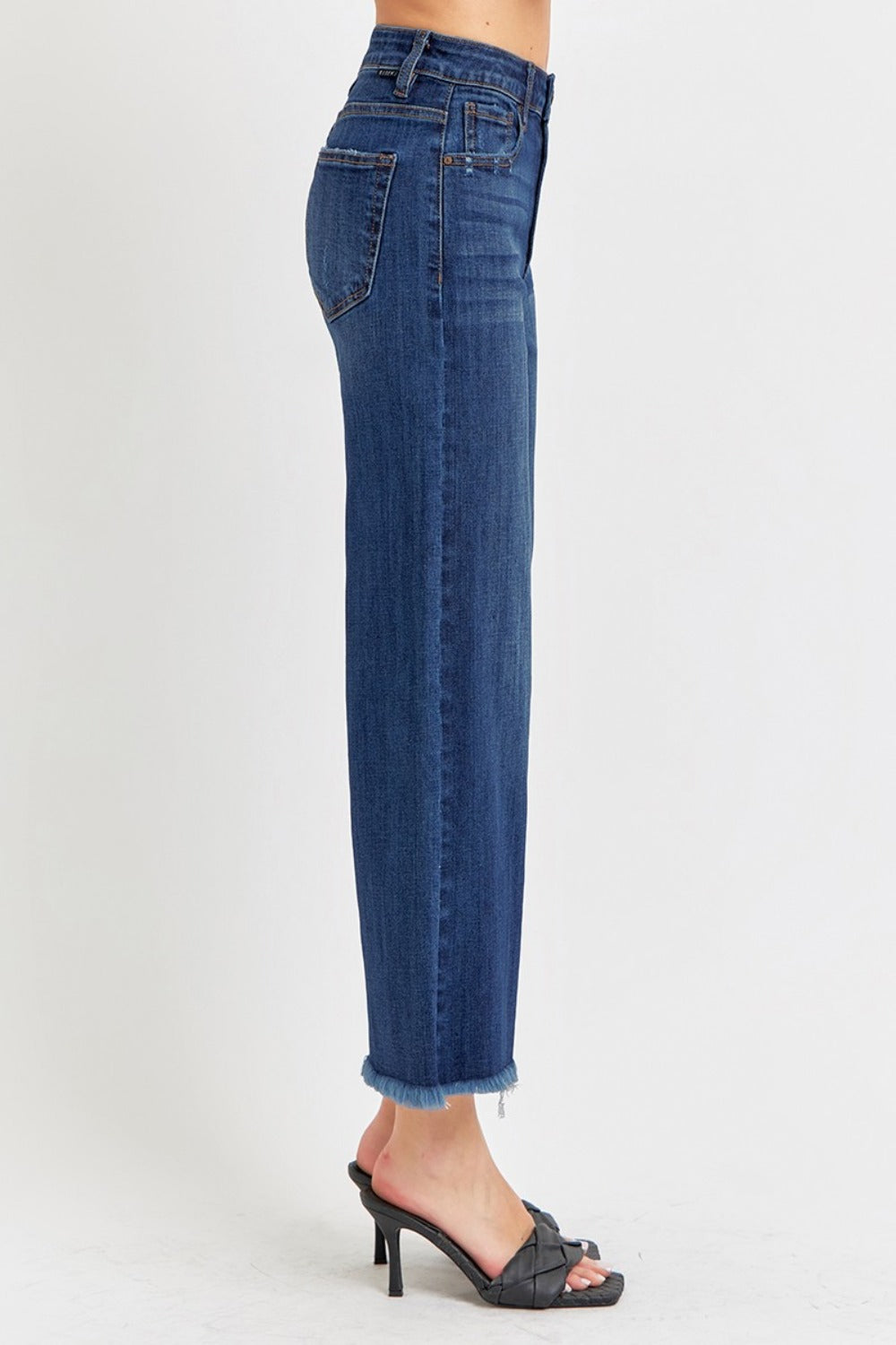 High-Rise Denim Jeans Wide Leg Cropped Raw Frayed Hem Retro Pants RISEN