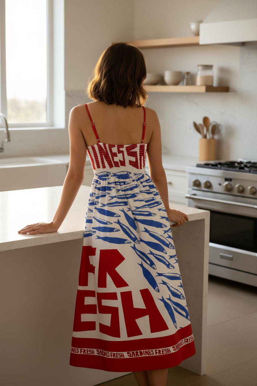 Mediterranean Sardine Fish Adjustable Spaghetti Strap Smocked Back Full Skirt Midi Dress