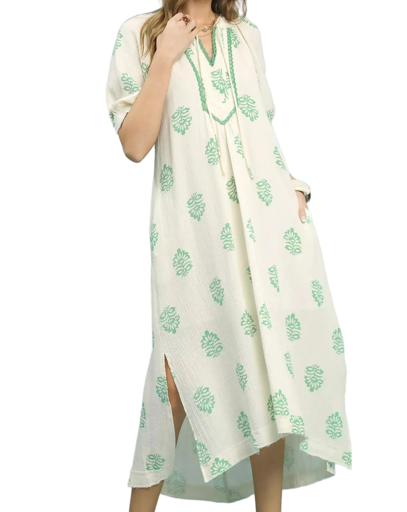 Umgee Embroidered Split Neck Lace Trim Cotton Gauze Puff Short Sleeve Midi Dress