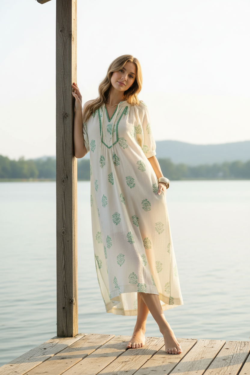 Umgee Embroidered Split Neck Lace Trim Cotton Gauze Puff Short Sleeve Midi Dress