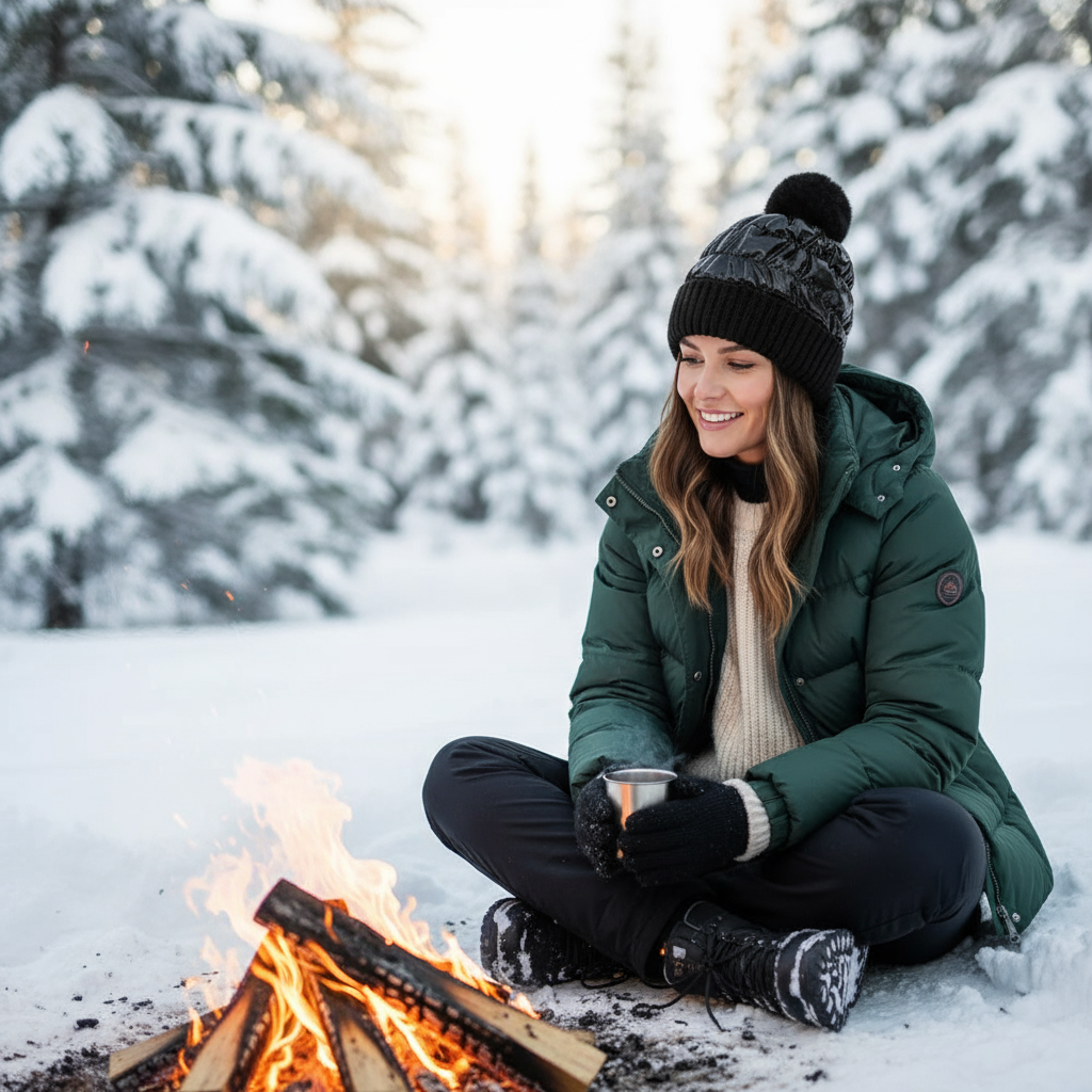 Metallic Puffer Beanie Quilted Thermal Sherpa Lined Winter Hat Faux Fur Pompom Cap