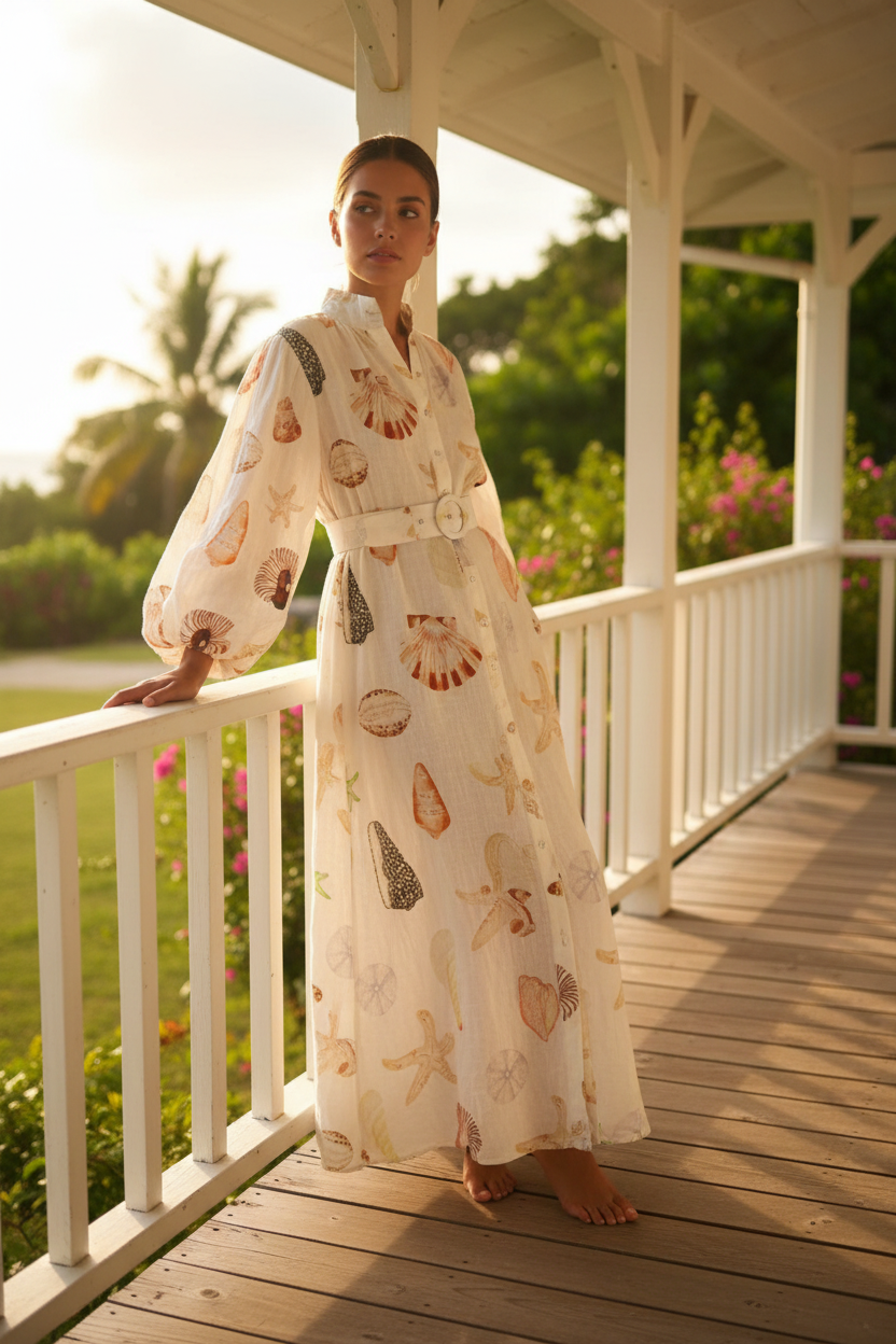 Ocean Seashell Collared Button Up Long Balloon Sleeve Belted Maxi Shirt Dress