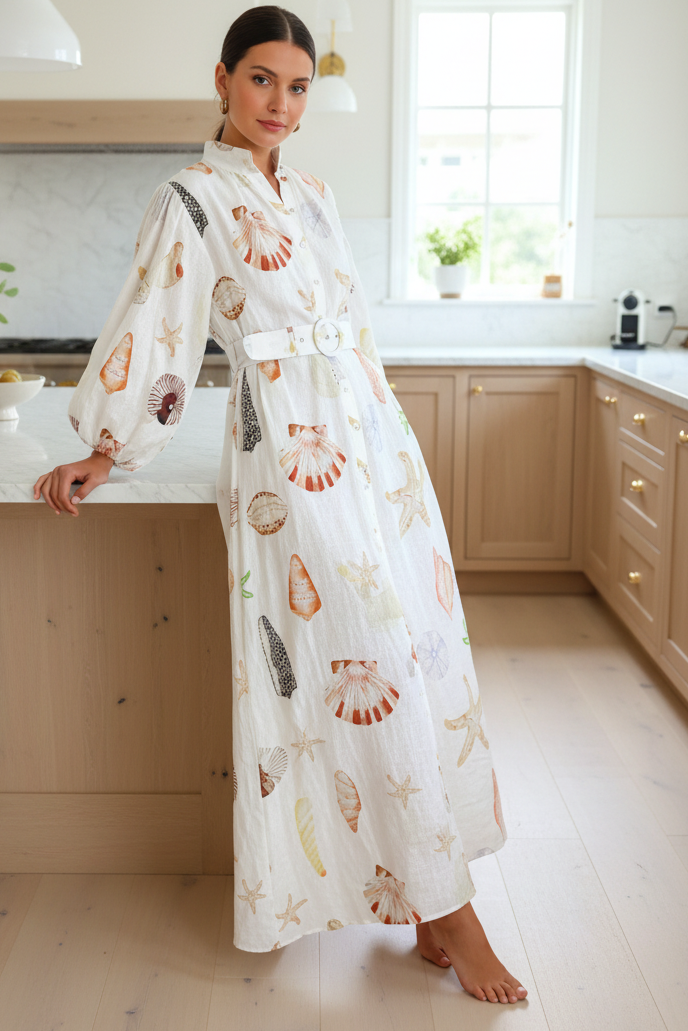 Ocean Seashell Collared Button Up Long Balloon Sleeve Belted Maxi Shirt Dress