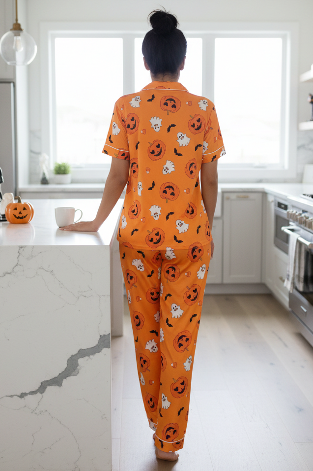 Pumpkin Ghost Button-Down Short Sleeve Set Lounge Pants Matching Halloween Pajamas