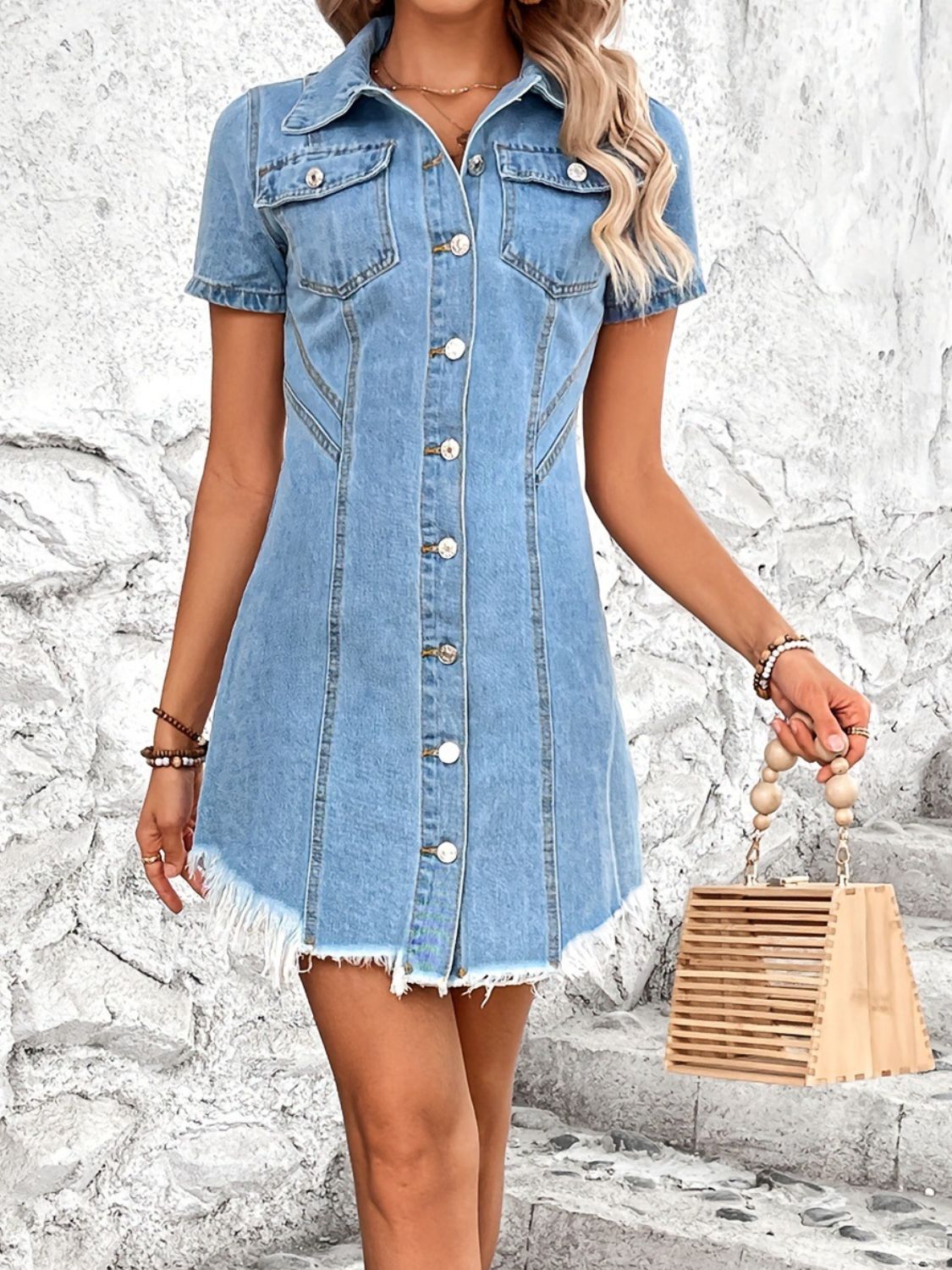 Denim Short Sleeve Button Front Minimalist Blue Jean Distressed Mini Shirt Dress