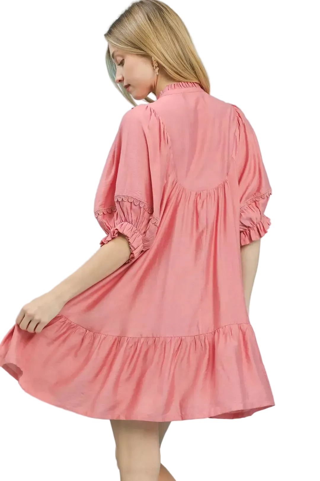 Umgee Button Smocked Bib Lace Trim Puff Sleeve Ruffle Hem Babydoll Mini Dress Blush Pink