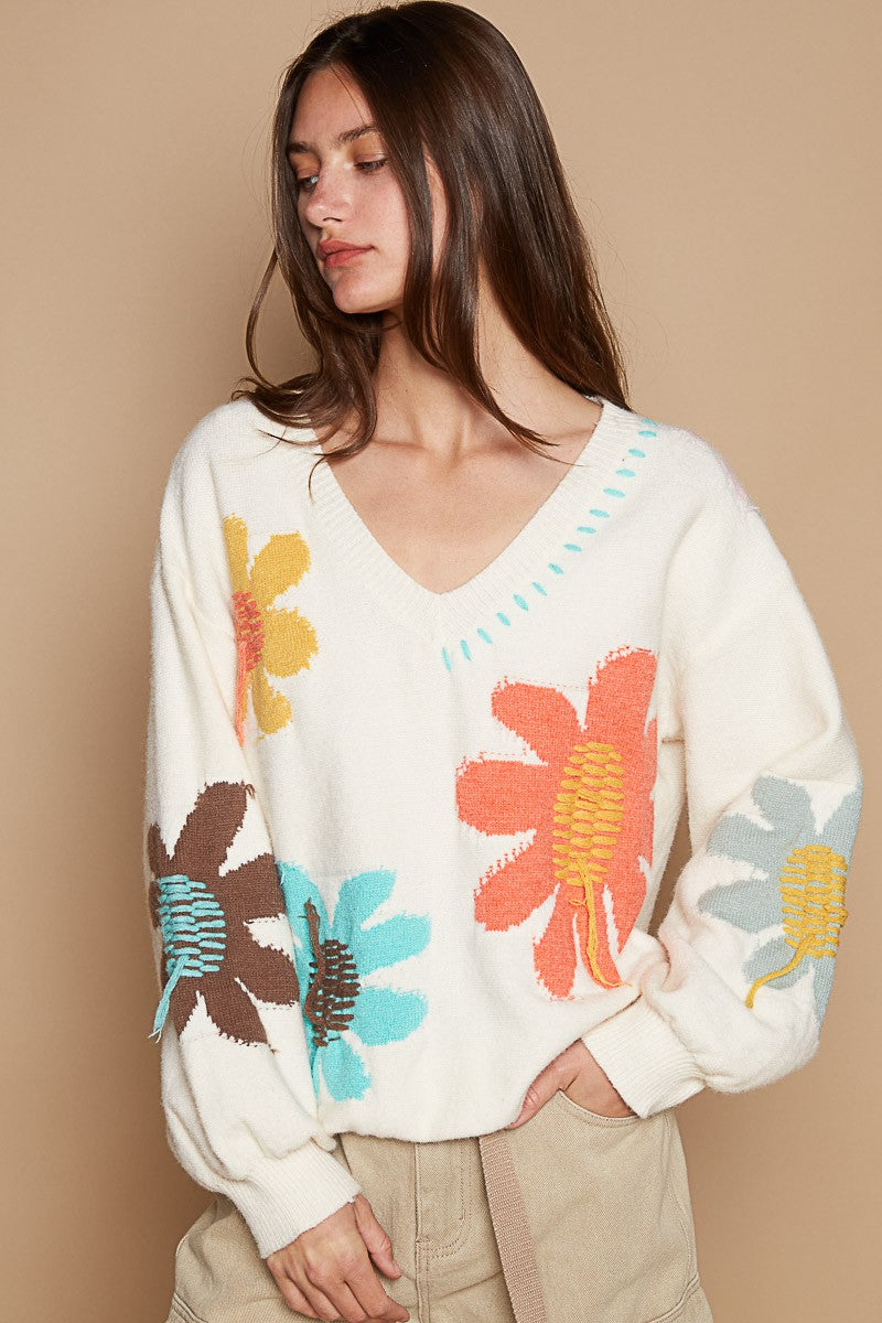 POL Daisy Fringe Retro Contrast Flower Top Embroidered Pullover Floral Knit Sweater