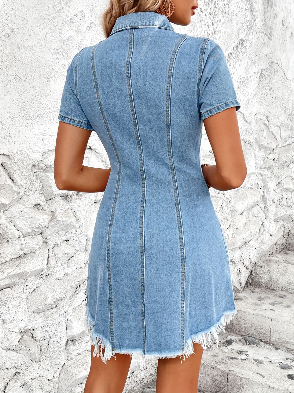 Denim Short Sleeve Button Front Minimalist Blue Jean Distressed Mini Shirt Dress