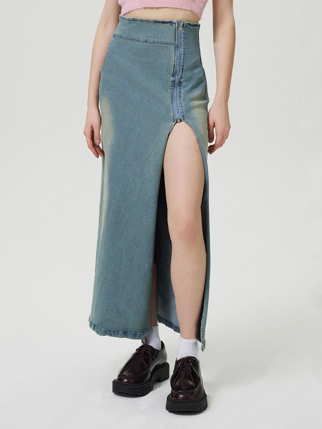 Zipper High-Rise Asymmetrical Cutout Slit Bent Seam Denim Retro Jean Midi Skirt