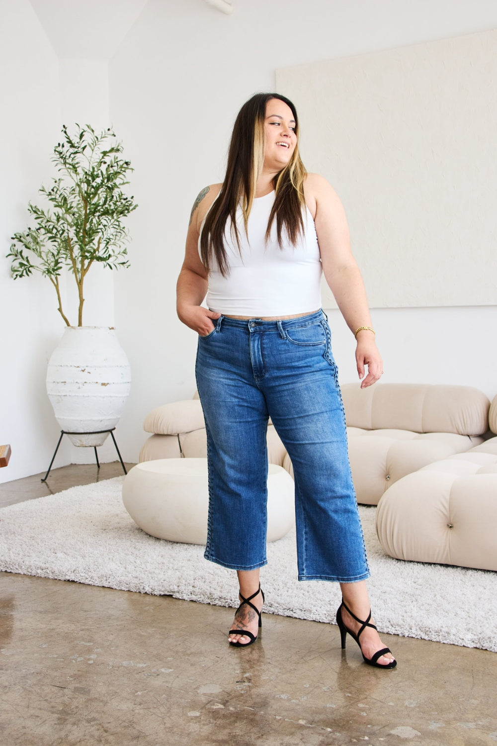 Braided High-Rise Wide Leg Cropped Hem Denim Jean Pants Judy Blue