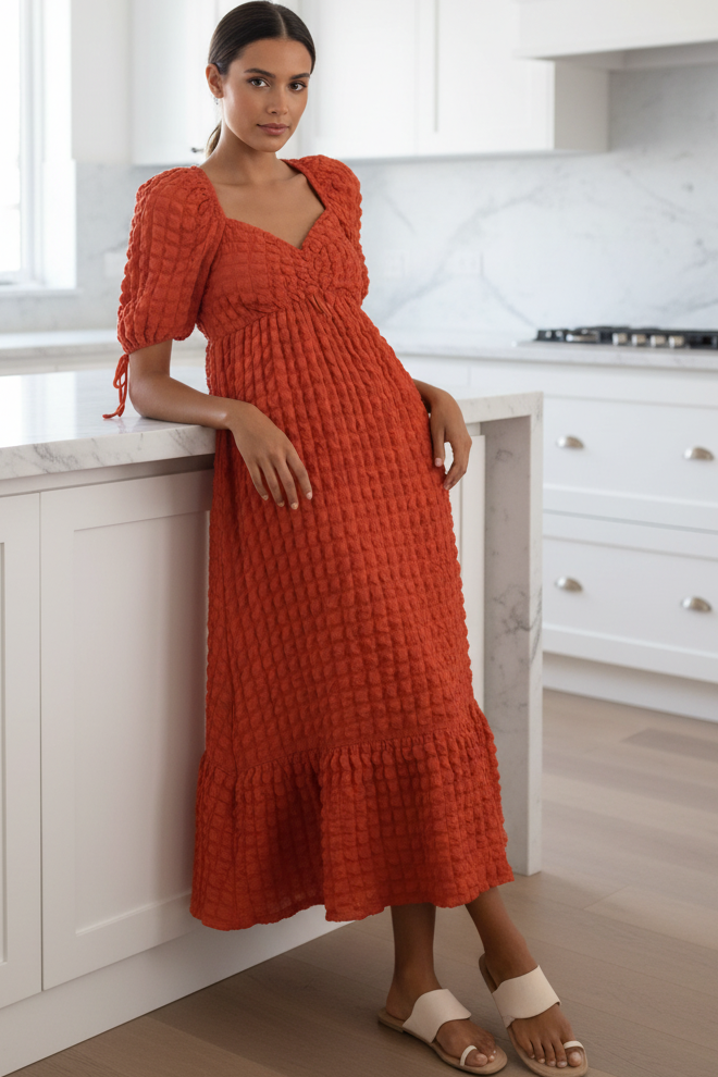 3D Popcorn Bubble Textured Sweetheart Neck Short Sleeve Smocked Back Tiered Midi Dress