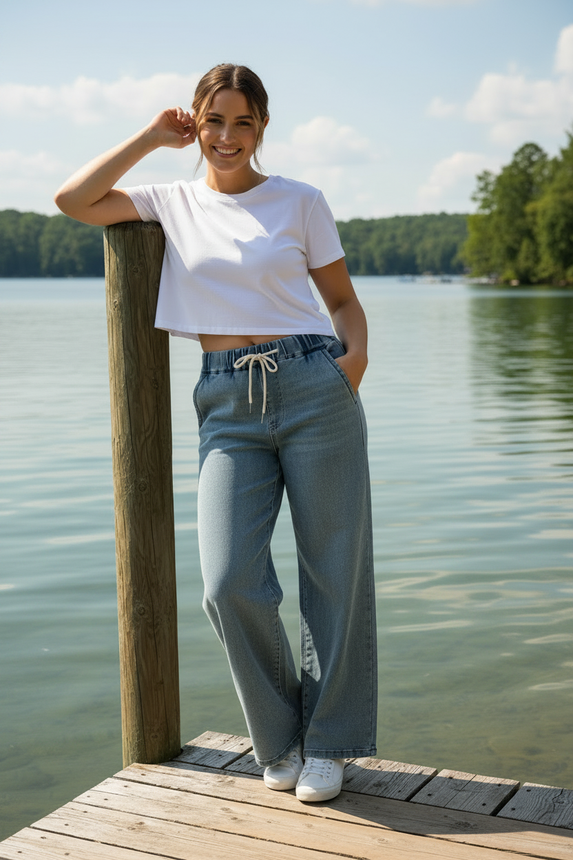 Judy Blue High-Rise Drawstring Elastic Waist Baggy Dad Pants Straight Leg Denim Jeans