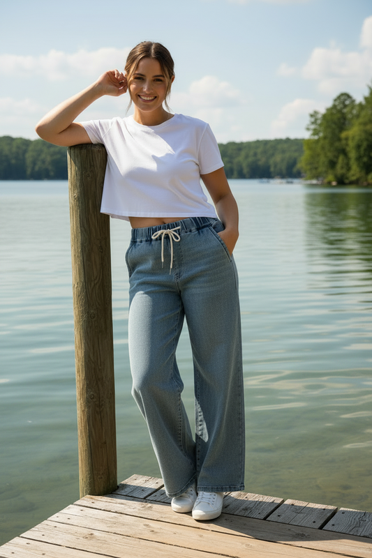 Judy Blue High-Rise Drawstring Elastic Waist Baggy Dad Pants Straight Leg Denim Jeans