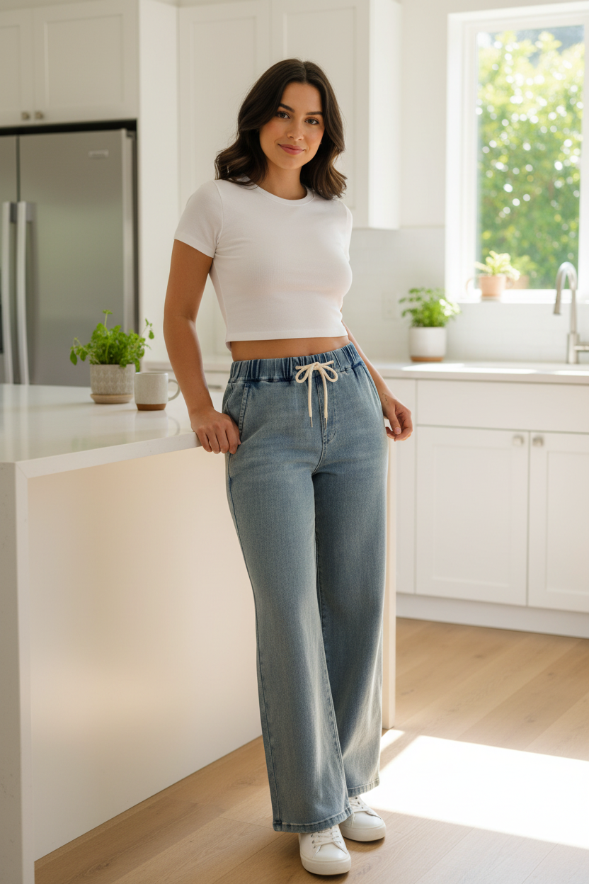 Judy Blue High-Rise Drawstring Elastic Waist Baggy Dad Pants Straight Leg Denim Jeans