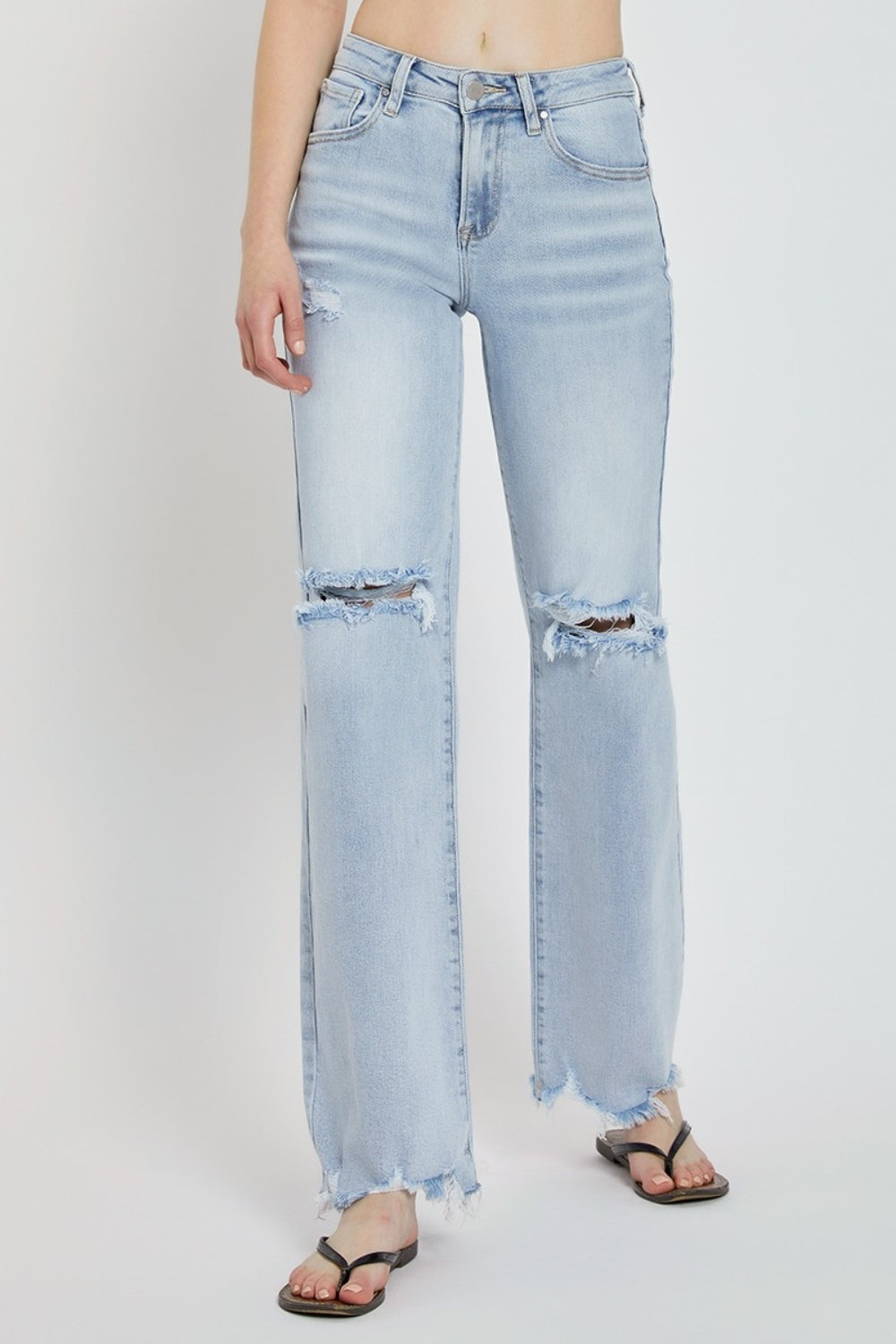 RISEN Distressed High-Rise Jeans Retro Straight Wide Leg Classic Denim Pants