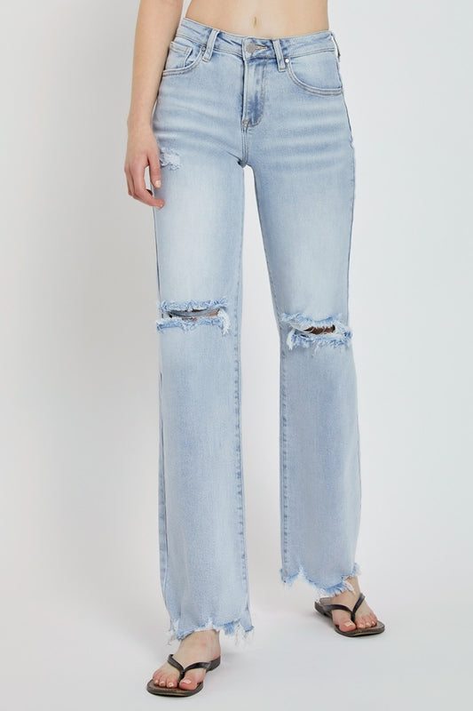 RISEN Distressed High-Rise Jeans Retro Straight Wide Leg Classic Denim Pants