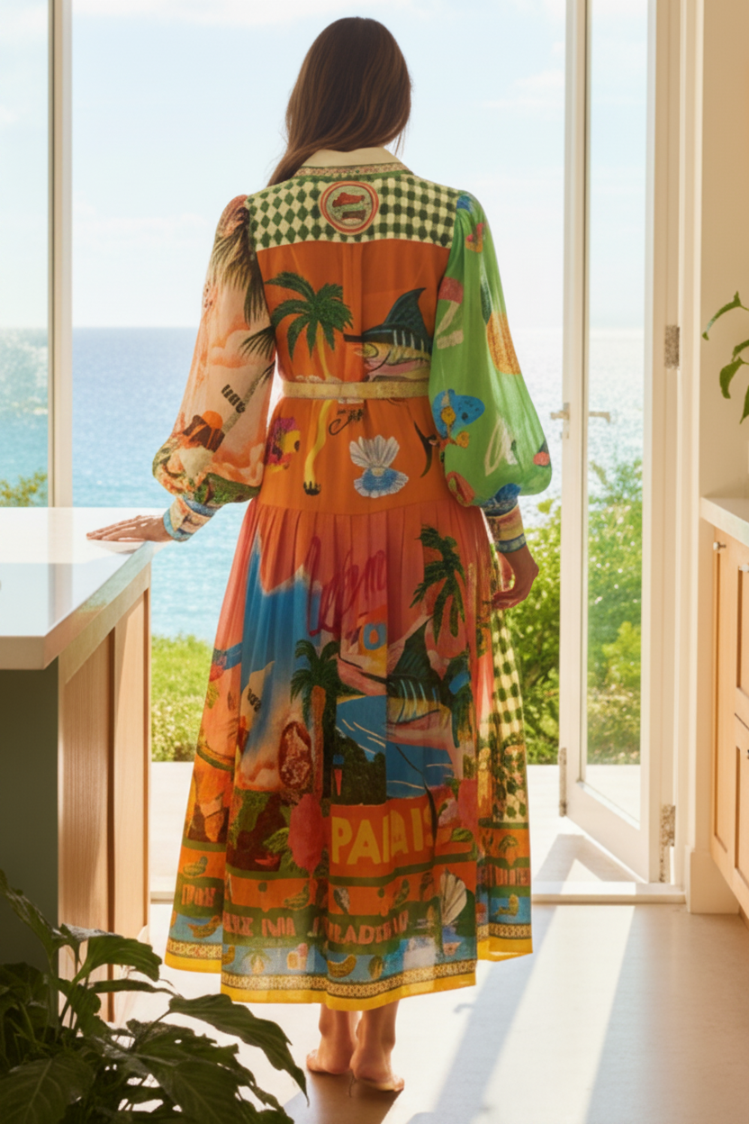 Paradise Inn Island Button-Up Belted Artsy Lantern Sleeve Collared Midi Shirt Dress