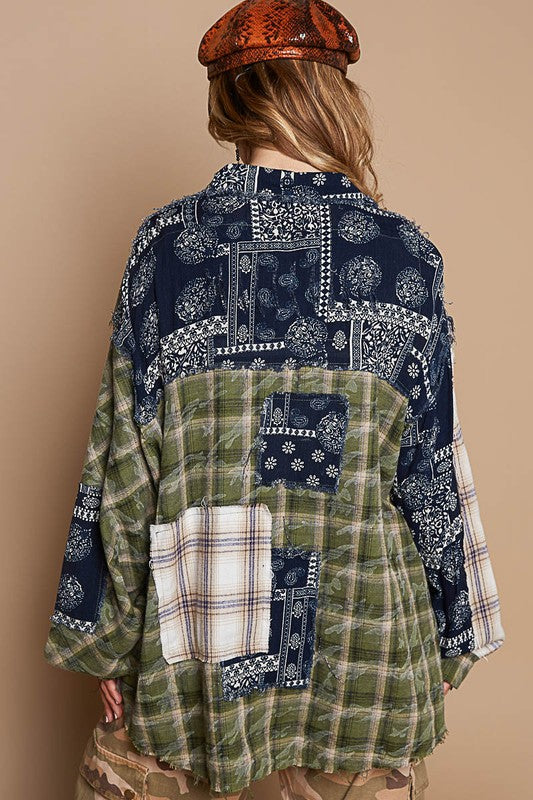 POL Shacket Floral Plaid Patchwork Oversized Long Sleeve Button-Up Shirt Jacket