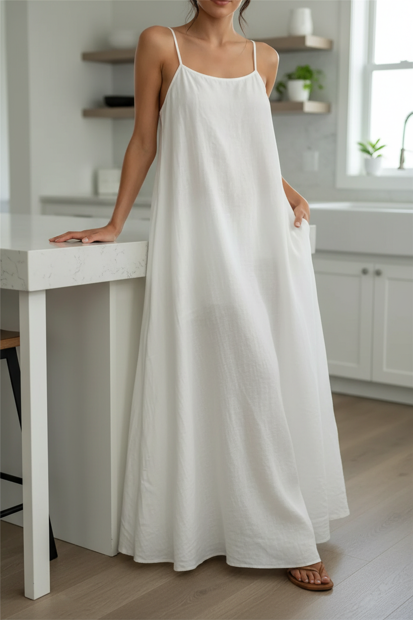 Oversized Baggy Sleeveless Spaghetti Strap Side Slit Pocket Maxi Dress